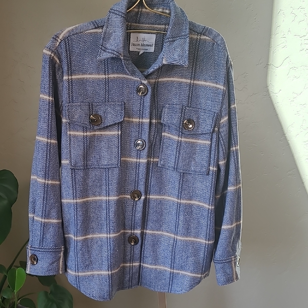 Jason Maxwell Shacket Blue Tan Cream Utility Jacket with Plaid Design Me…